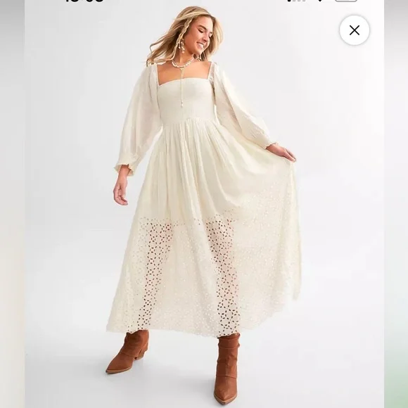 Free People Cream Long Sleeve Dress with Eyelet Hem - Picture 2 of 2